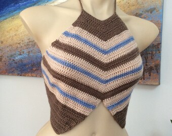 Blue & brown striped crochet crop top, halter top, crochet chevron halter top, festival top, beach top, crochet summer top, striped crop top