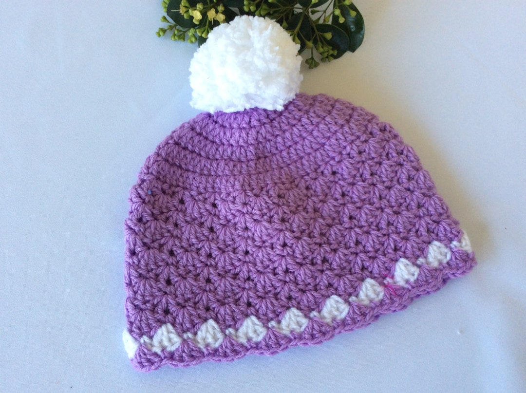 Lavender & White Shell Stitch Crochet Beanie for Toddler, Lavender