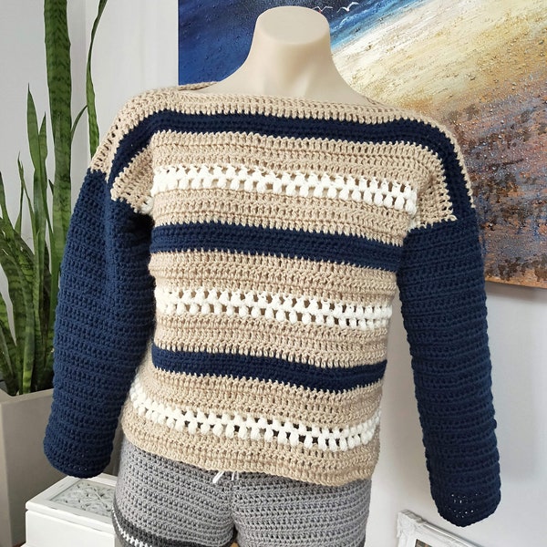Ladies navy blue and beige crocheted sweater pullover jumper - small to medium size, crochet winter sweater, winter jumper, crochet pullover