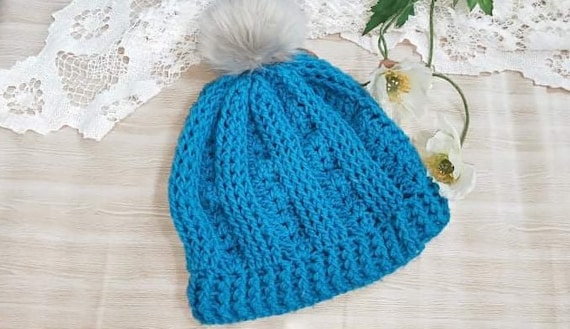 Cable Knit Crochet Beanie Hat Handcrafted With Faux Fur Pom Handmade Blue Green Cozy Handmade Crocheted Beanie with Faux Fur Pom Pom - Made  main image 3