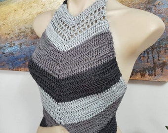 Grey crochet chevron top, ombré grey crochet striped halter top, crochet halter top, crochet backless top, grey crochet summer top