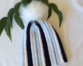 Blue & white striped crochet beanie with faux fur pom pom, crochet winter beanie. winter hat, striped winter beanie, winter beanie