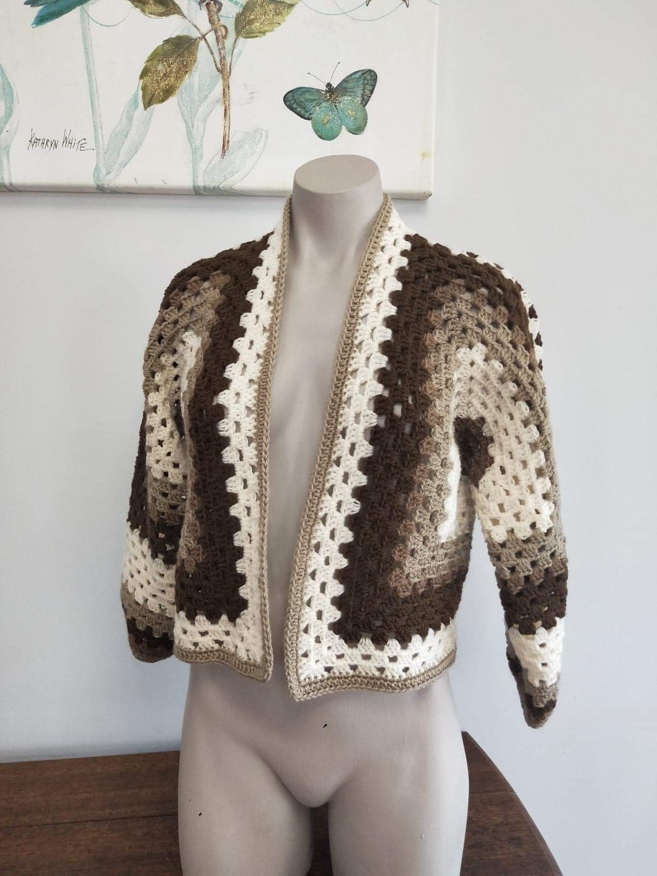 Brown Crochet Granny Hexagon Sweater or Cardigan, Cosy Crochet Cropped ...