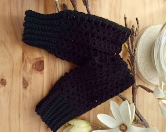 Guantes sin dedos de crochet con puños acanalados negros de tamaño mediano, guantes negros sin dedos, guantes negros, guantes de invierno, puños de crochet negros