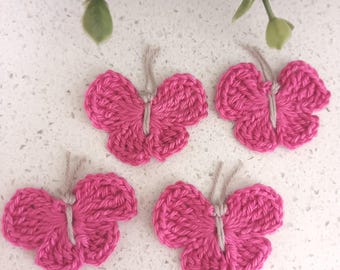 Set of 4 fuchsia pink crochet butterfly embellishments, pink butterfly appliques, pink butterflies.