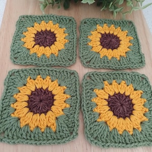 Conjunto de 4 cuadrados de abuela de crochet de girasol: borde verde medio, cuadrados de crochet, cuadrados de abuela, proyectos de bricolaje, cuadrados de flores de abuela.