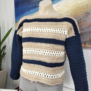 Navy blue and beige crocheted sweater pullover jumper - small to medium size, crochet winter sweater, winter jumper, crochet pullover