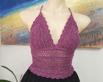 Shimmery purple crochet halter crop top, crochet halter top, purple crochet top, crochet backless top   -  size small to med