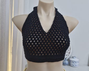 Black crochet halter top with thick straps, crochet crop top, black crop top, halter top, v neck halter top.