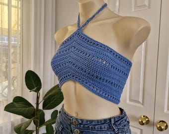 Sky blue crochet top, lacy crochet top, crochet festival top, festival halter top, summer crop top, party crop top, crochet halter top.