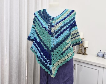 Mermaid colorway crochet poncho, colorful lacy poncho, poncho, winter poncho, lacy winter poncho, gift for her, crochet winter poncho.