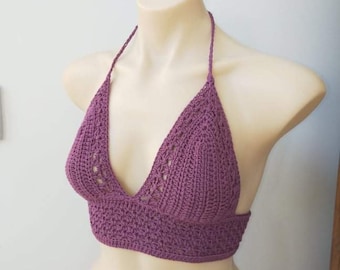 Reggiseno o bikini estivo all'uncinetto viola, top bikini all'uncinetto viola, top estivo viola, top corto, top bikini all'uncinetto fatto a mano, abbigliamento da spiaggia