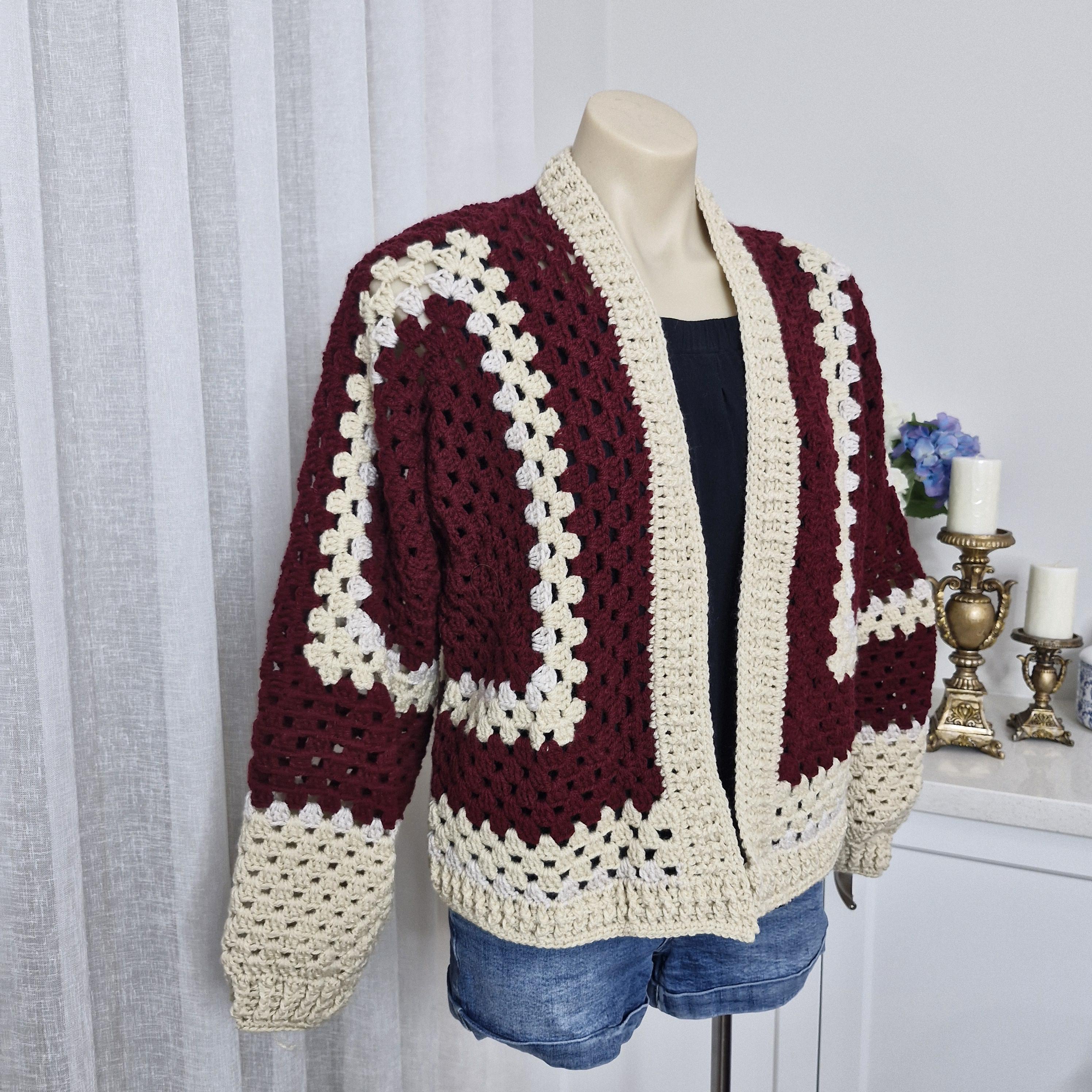 Burgundy/cream Crochet Hexagonal Granny Sweater or Cardigan, Warm