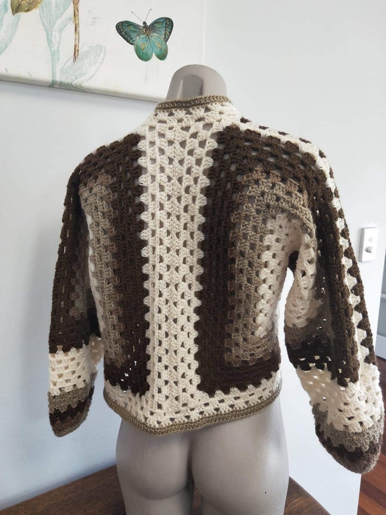 Brown Crochet Granny Hexagon Sweater or Cardigan, Cosy Crochet Cropped ...