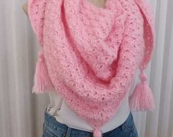 Pink handmade crochet shawl or triangle scarf, crochet shawl - Acrylic and mohair blend, pink crochet shawl, gift for mum, gift for nanna,