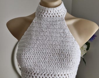 White mock neck crochet halter crop top, white crochet top, crochet festival top, crochet festival top, mock neck crochet top, white top.