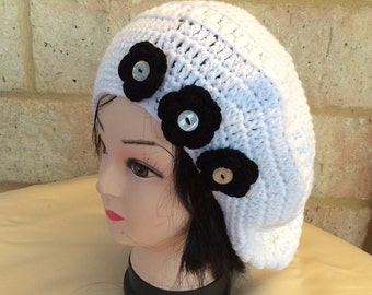 Girls white crochet winter beret or slouchy beanie