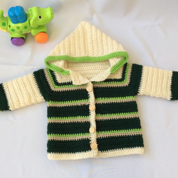 Hand crocheted green and cream striped baby sweater/cardigan size 6 to 12 months, crochet baby hoodie sweater.