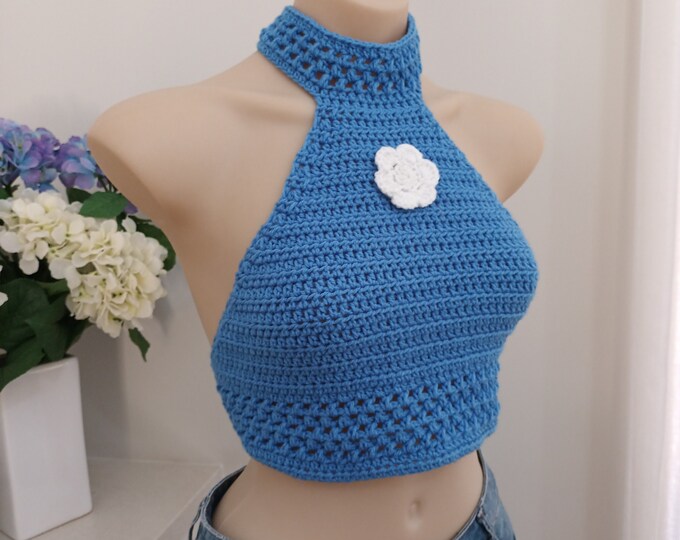 POL Sky Blue Crochet Star Long Sleeve Hooded Top