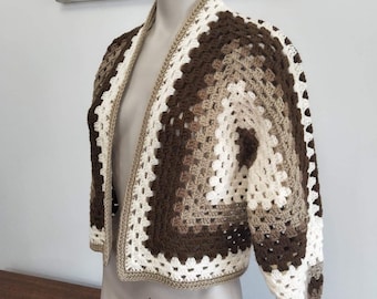 Brown crochet granny hexagon sweater or cardigan, cosy crochet cropped cardigan, cropped sweater, brown crochet cardigan, handmade cardigan