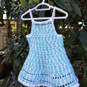 Mint blue & white spring crochet baby halter dress for baby girl, baby girls crochet dress, handmade crochet baby dress, baby gift.