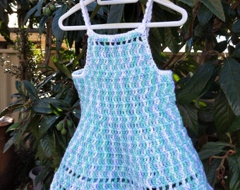 Mint blue & white spring crochet baby halter dress for 3 to 6 month baby girl