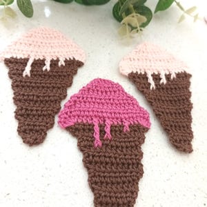 3 crochet novelty ice cream cone motifs or embellishments