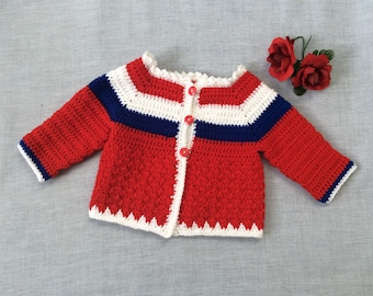 Red white store blue cardigan