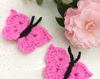 2 hot pink crochet butterfly embellishments, appliques, pink butterflies, handmade appliques, crochet butterfly sew ons.
