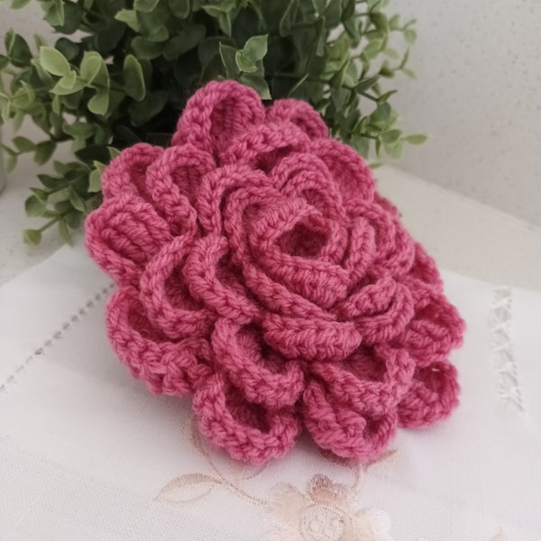 Large deep pink 3D crochet rose or flower embellishments, appliques, sew on, scrapbooking