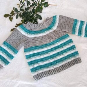 Grey & green striped crochet sweater for 3 to 4 yr olds, girls crochet sweater, boys sweater, kids handmade crochet jumper.