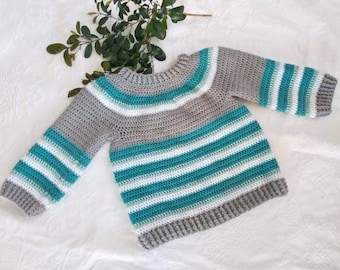 Grey & green striped crochet sweater for 3 to 4 yr olds, girls crochet sweater, boys sweater, kids handmade crochet jumper.