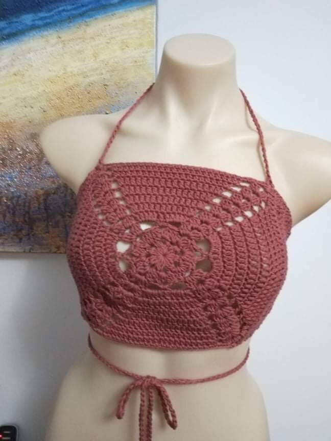 Deep terracotta boho crochet festival top, summer crop top, brown crochet halter top crochet top, granny flower top, boho granny square top.