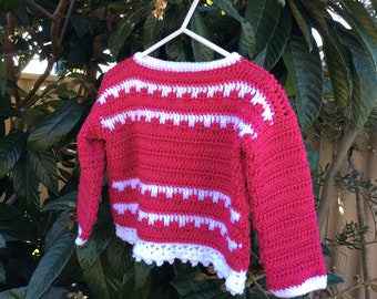 Girls hot pink and white crochet sweater/jumper 6 to 8 yrs