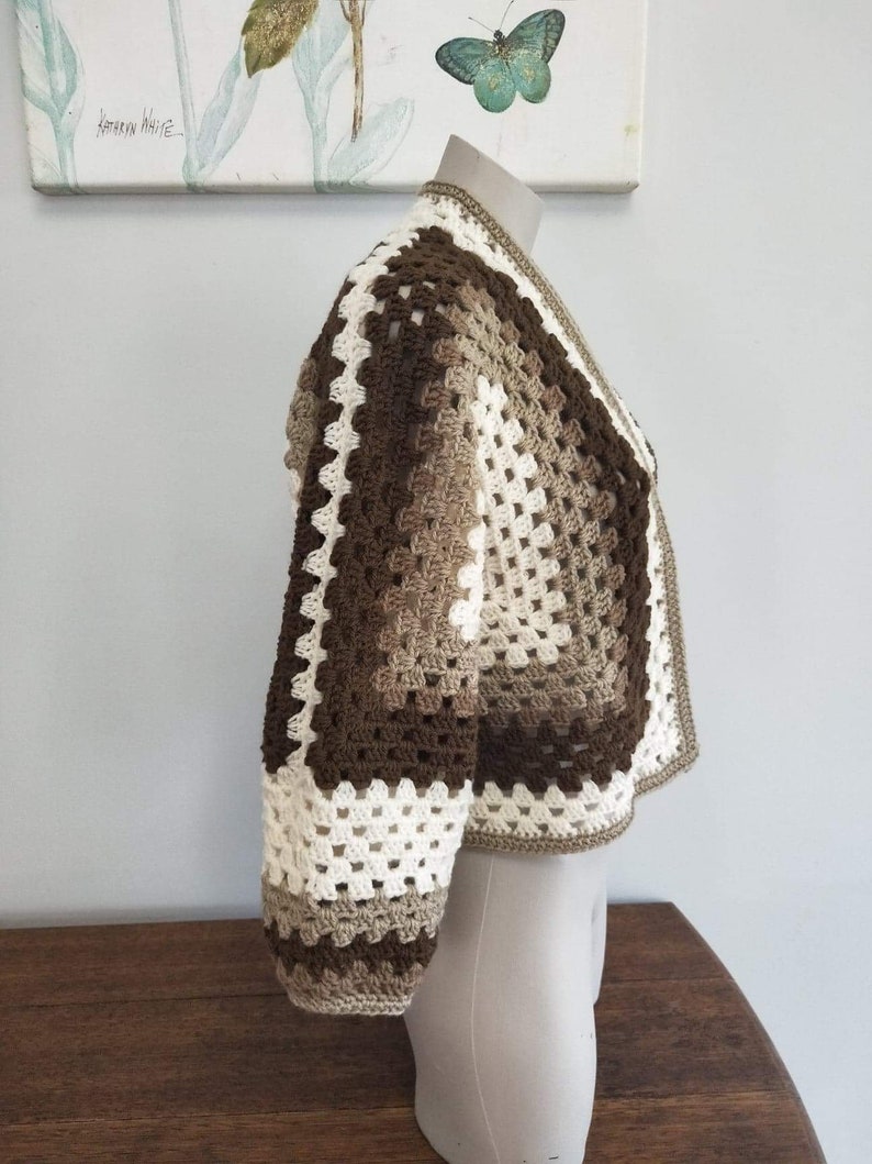 Brown Crochet Granny Hexagon Sweater or Cardigan, Cosy Crochet Cropped ...