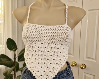 White crochet summer kerchief style top, white crochet top, boho crochet top,white festival top, summer crop top - 100% cotton