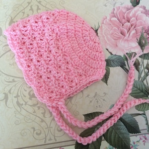 Pink Newborn baby crochet vintage style bonnet, pink crochet baby bonnet, new baby hat, pink baby hat, baby shower gift, baby gift.