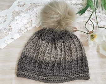 Unisex brown crochet rib twist beanie with faux fur pompom, brown knit look beanie, brown crochet winter hat, snow beanie, winter beanie
