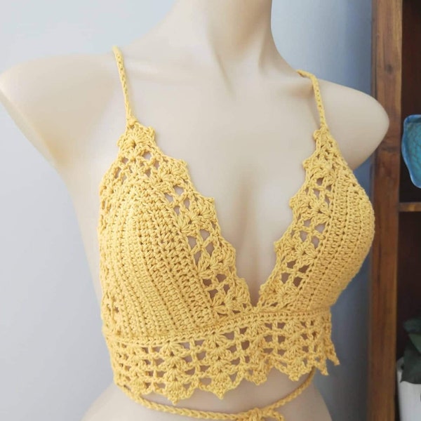 Mustard yellow crochet bikini style  top  - 100% cotton - size small, yellow bikini top, crochet festival bikini top