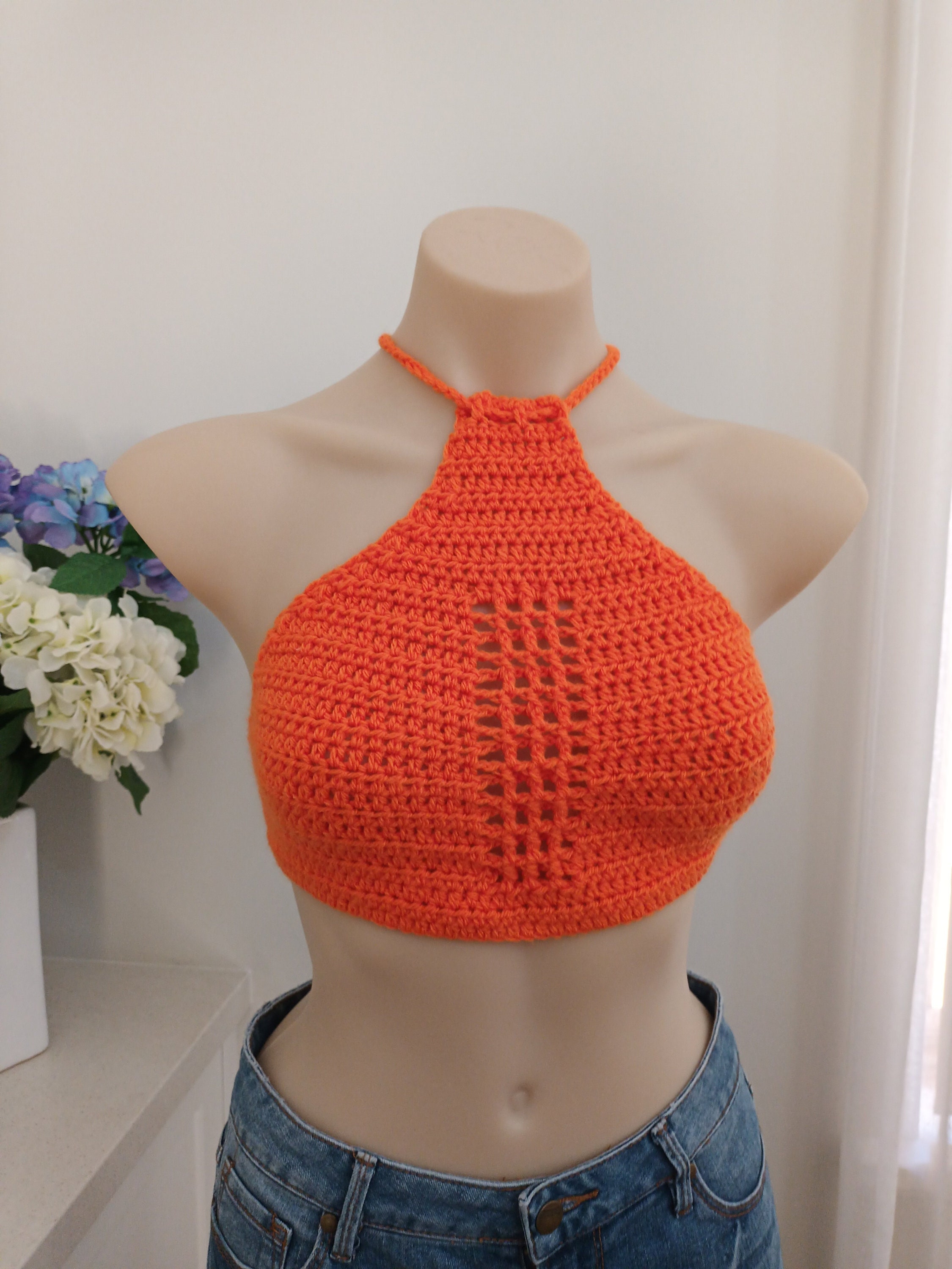Funky Orange Crochet Halter Crop Top Size Small to Medium, Orange