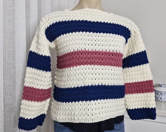 Gehaakte trui/trui/trui met textuur, roze en blauwe gehaakte trui, vetgedrukte gestreepte gehaakte trui, gehaakte trui, gehaakte trui