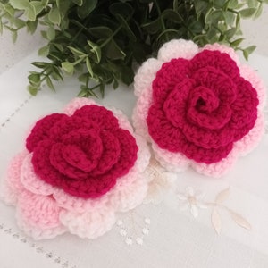 2 large pink 3D crochet roses or flower embellishments, pink crochet flower appliques, pink crochet roses, sew on, scrapbooking