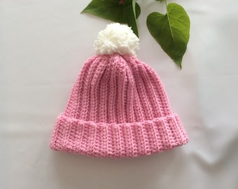Rose pink crochet ribbed beanie for 1 to 3 years, baby girls crochet beanie, crochet toddlers hat, pink beanie, pink snow hat, gift for her