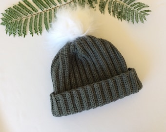 Charcoal grey crochet ribbed beanie with white faux pompom, medium size beanie, grey beanie, grey winter beanie