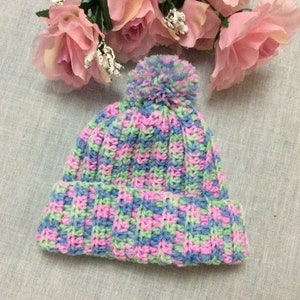 Newborn baby crochet ribbed multicoloured beanie with pom pom, pink and mauve baby beanie, crochet baby gift, baby shower gift.