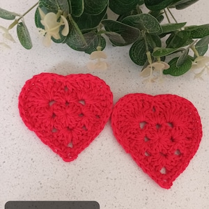 Set of 2 red crochet love heart motifs or embellishments, bright red crochet hearts, valentine hearts, crochet hearts.
