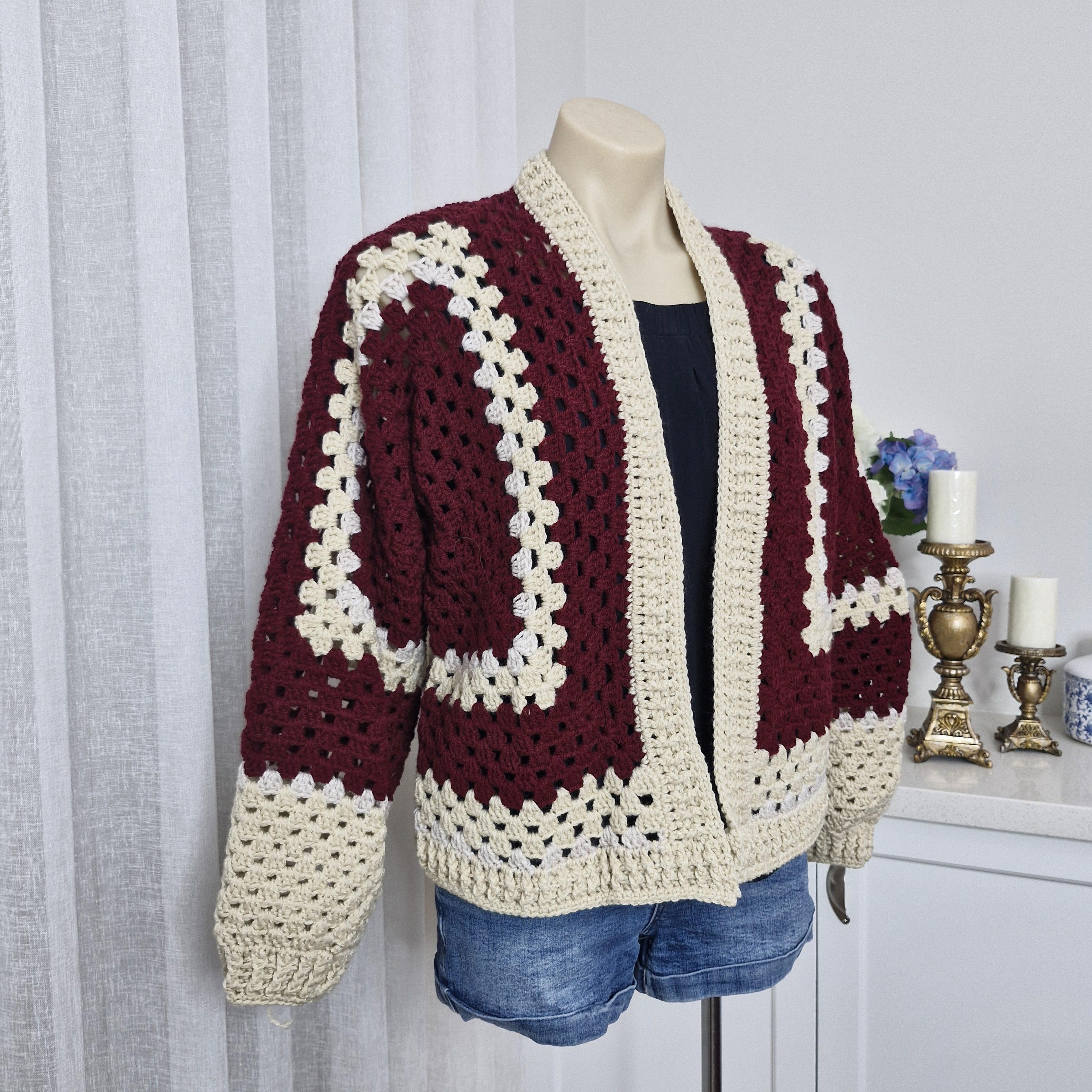 Burgundy/cream Crochet Hexagonal Granny Sweater or Cardigan, Warm