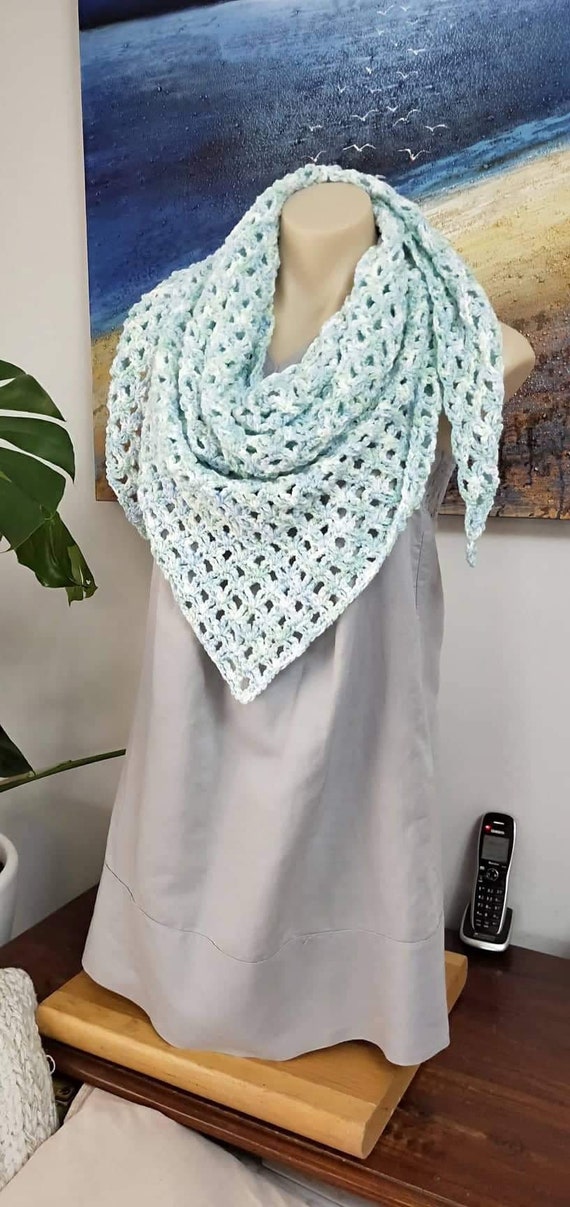 Crochet triangle shawl blue white gray