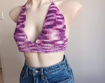 Purple crochet bikini top, summer crop top, crochet festival top, festival wear, beach wear, bikini top, halter top, beachwear - 100% cotton