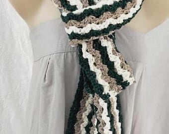 Green & cream striped crocheted scarf, made from 100% Australian wool, striped scarf or wrap, gift for her, gift for mum, gift idea